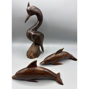 Vtg 3 Pc Ironwood Hand Carved Wood Pelican Crane Dolphins Figurines Nautical